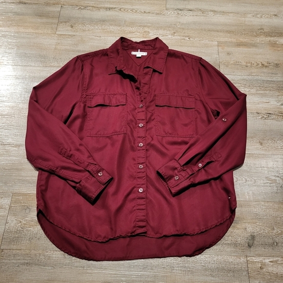 Tommy Hilfiger Tops - Tommy Hilfiger Button Up Shirt Roll Tab Utility Crimson Red Relaxed Womens Large